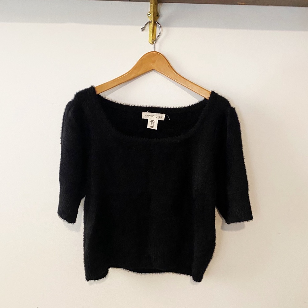 NWOT Happily Grey Black Scoop Neck Eyelash Sweater